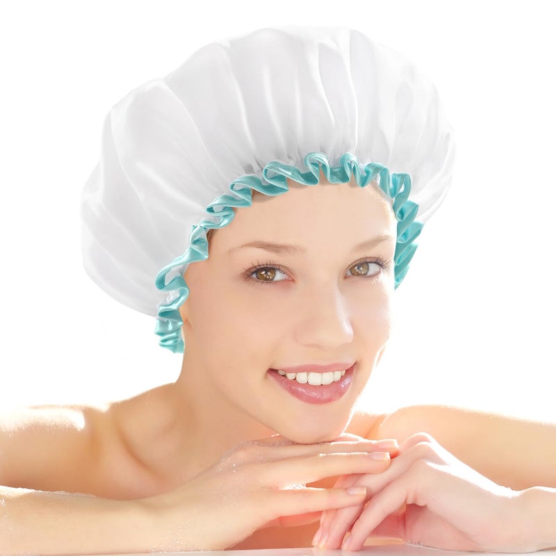 mikimini White Shower Cap for Long Hair 1 Pack, 12 inch large size,Waterproof Washable Hair Caps for Women and Girls, Super Cute and Extra Large - Image 1